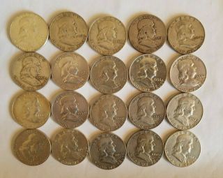 Franklin Half Dollars,  Roll Of 20,  $10 Face Value,  90 Silver,  Mixed Dates Mints