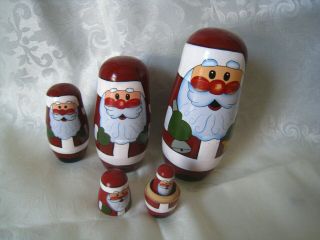 5 - Pc Holiday Santa Nesting Dolls Nostalgic Christmas Crafted In Solid Wood