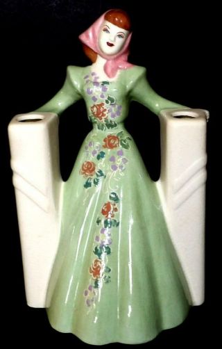 Weil Ware Green Dress Woman Figurine Planter California Art Pottery
