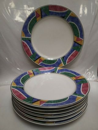 Set Of 7 Sango Flair 4806 Dinner Plates 10 5/8 " Multicolor Geometric