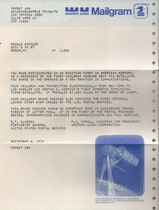 US C88 Western Union Mailgram via WESTAR I,  September 6,  1974.  transmission 2