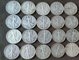 20 Walking Liberty Halves,  Circulated,  $10.  00 Face Value 90 Silver