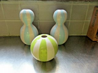 Jonathan Adler Happy Home Modernist Blue & Green Stripe Art Pottery Vases Trio