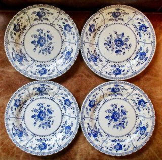 4 Johnson Brothers Indies Blue,  White Every Day Dinner Plates Swirl Flower 9 7/8 "