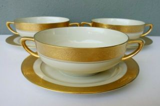 Heinrich & Co Selb Bavaria Pickard - 3 Gold Encrusted Cream Soup Cups & Plates