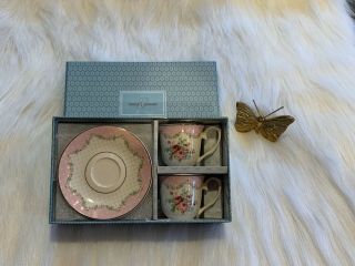 Grace’s Teaware Dematisse Set Of 2 Cups W/saucers,  Nib,  Pink Roses W/ Gold Trim