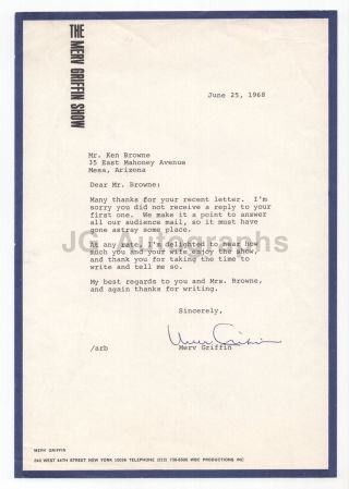 Merv Griffin - American Television Media Mogul - Signed Letter (tls),  1968