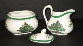 Spode Christmas Tree Covered Sugar Bowl & Creamer Set England Green Trim