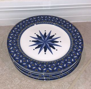 4 Victoria & Beale Williamsburg Salad Plates Blue Geometric Rim Compass,
