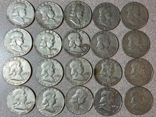 Franklin Half Dollars,  Roll Of 20,  $10 Face Value,  90 Silver,  Mixed Dates Mints