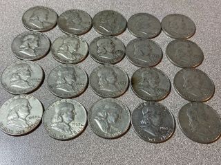 Franklin Half Dollars,  Roll of 20,  $10 Face Value,  90 Silver,  Mixed Dates Mints 2