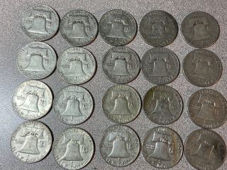 Franklin Half Dollars,  Roll of 20,  $10 Face Value,  90 Silver,  Mixed Dates Mints 3