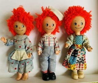 3 Dolls Raggedy Ann & Andy 6 " Jointed Figures Knickerbocker Vintage 70 