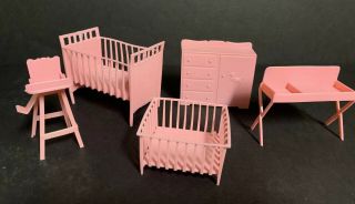 17 Vtg Mid - Century Plastic DOLL HOUSE FURNITURE Pink Blue Brown Nursery 1960 ' s 3
