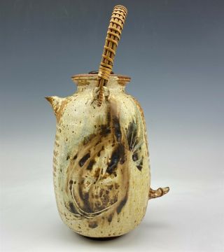 Signed Mystery Artist Hand Crafted Saltglaze Stoneware Wicker Handle Tea Pot FCD 3
