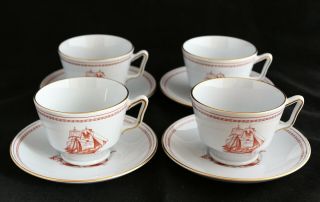 Set Of 4 Spode Trade Winds Red London Cups & Saucers