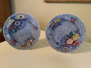 Copeland Spode Wild Flower Rim Soup Bowls 7 1/2 " Blue.  Set Of Two.