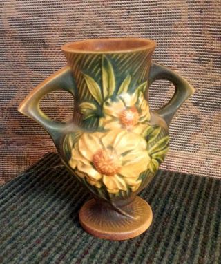 Roseville Yellow Peony Vase Brown/tan Background 168 - 6 " Dbl Handle Green Base