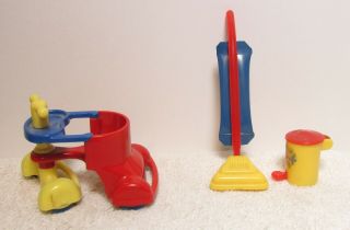 3 Renwal Doll House Items - Scooter - Vacuum Cleaner - Garbage Can