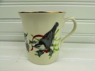 Winter Greetings By Lenox Mug Nuthatches Red Ribbons Birds On Holly & Pine B56