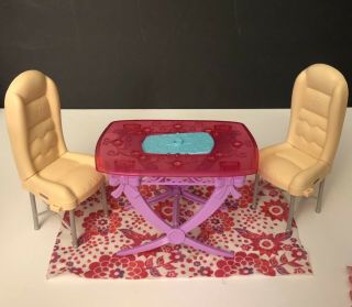 Barbie Doll Pink,  Purple & Blue Kitchen Table & 2 Tall Chairs With Rug