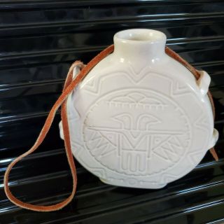 Frankoma Clay Pottery White Thunderbird Water Canteen Leather Strap