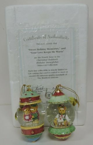Set/2 Cherished Teddies Holiday Snowglobes Ornaments 38814 - Holiday Memories