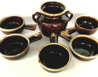 Vintage Mccoy Usa Pottery Brown Drip Glazed 6 Piece Chili Bowl And Pot Set