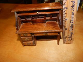Miniature Room Box Doll House Wood Roll Top Vintage Desk Metal Handles