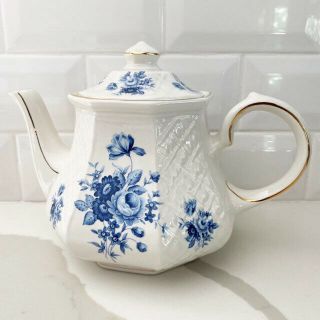 Vintage Windsor Sadler Teapot,  Blue And White Floral W/ Gold Trim,  Made In Uk