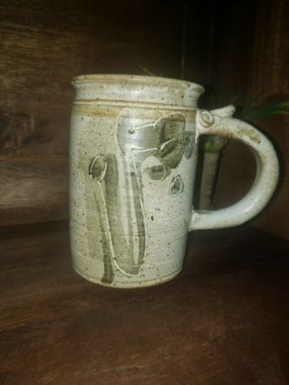 Vintage Signed Studio Pottery Tan & Green Large Stoneware Coffee Mug 5 Inches