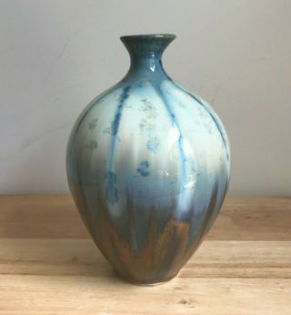 Bill Campbell Pottery 7.  5 " Blue Brown Crystalline Glaze Sake Vase - Euc