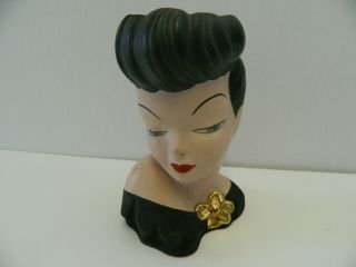 Vintage Ceramic Glamour Girl Head Vase - Eyes Open - Black Dress W/ Gold Ribbon