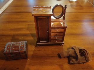 Doll House Miniature Wardrobe Set,  Dresser W/ Mirror,  Chest,  Coat