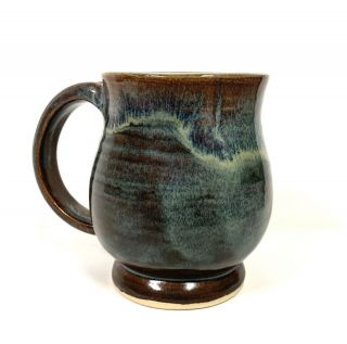 Studio Art Pottery Mug Coffee Cup Blue Aqua Brown Drip Glaze Stamped Mw 103