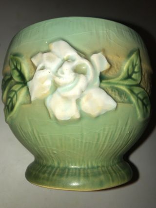 Roseville Pottery Bowl Cup 6573 White Gardenia Flower On Green Bowl,  3 3/4” Tall