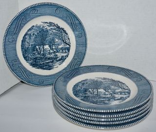 Set Of 6 Currier & Ives The Old Grist Mill 10 " W Dinner Plates By Royal Euc Blue