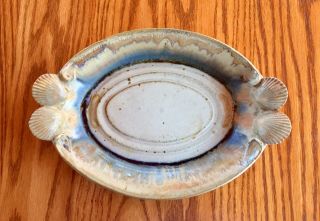 Seashell Bowl Studio Hand Thrown Holloman Pottery 1995 Blue/ecru/brown