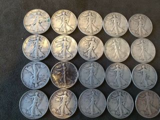 20 Walking Liberty Halves,  Circulated,  $10.  00 Face Value,  90 Silver