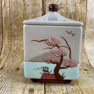 Weil Ware Trinket Box Jar Bonsai Tree California Pottery Gray Aqua Pink