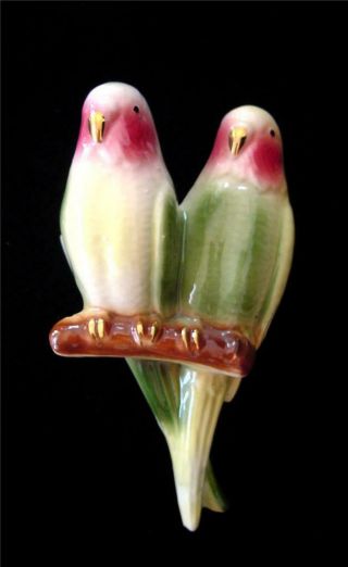 1930s Art Deco Royal Copley Lovebirds Ceramic Wall Pocket Vase Parrots Birds Vtg