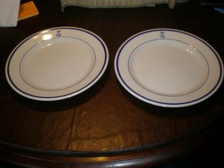 2 Homer Laughlin Anchor 10” Navy Dinner Plate Blue Trim Made In Usa