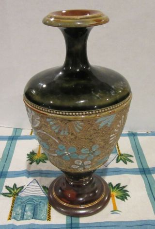 Doulton Lambeth Slaters Gilt Cobalt Stoneware Vase 1893 7.  25 In