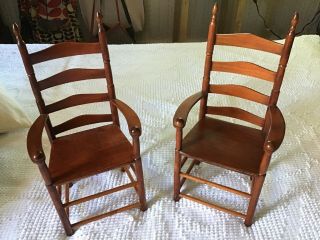 Matching Doll Size Ladder Back Wooden Arm Chairs