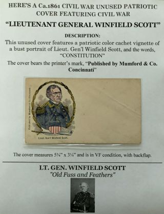 Civil War Mumford Patriotic Letter Cover Lieutenant General Winfield Scott 1861