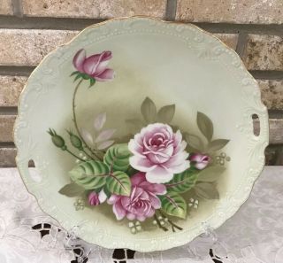 Lefton Heritage Green Pink Roses Handled Cake Plate 05858 Made 1987