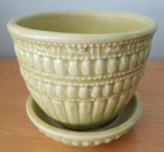 Vintage Mccoy Usa Beaded Jewel Lime Green Colored Planter With Attached Saucer