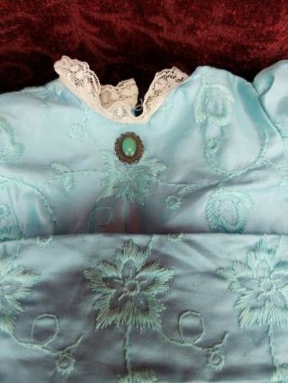 Vintage Antique Doll Dress Turquoise White Lace Trim Floral Embroidery W/ Belt