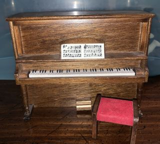 Vintage Dollhouse Miniature Wooden Piano & Bench 5 1/4” High X 4” Tall,  Ex Con