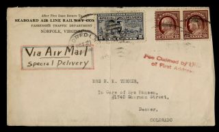 Dr Who 1925 Norfolk Va Special Delivery Airmail Railway Co Corner F41621